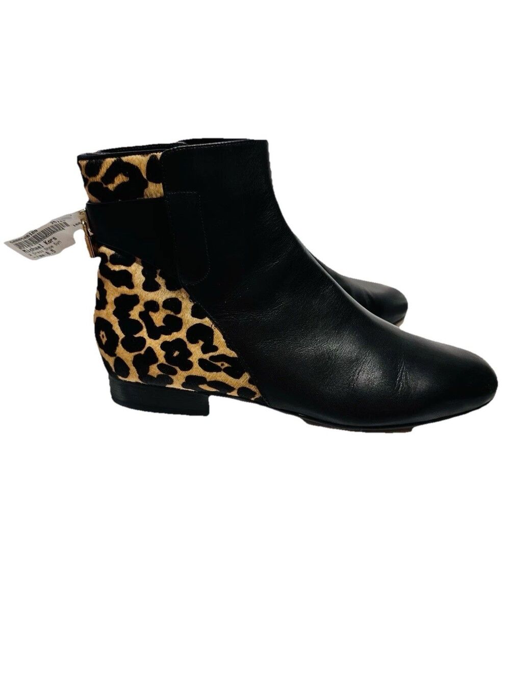 Michael Kors Womens Mira Lock SZ 8.5 Black Leather Leopard Haircalf Ankle Boots